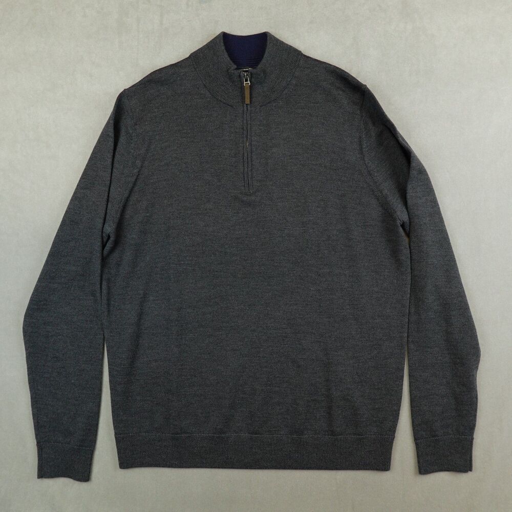 Nordstrom Sweater Mens Large Gray 1/4 Zip 100% Merino Wool Pullover